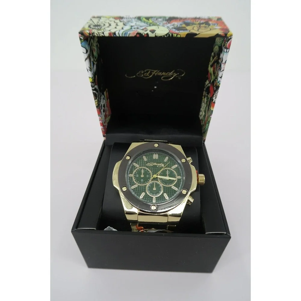 Ed Hardy Mens Chronograph Watch Gold Tone Green Dial Stainless Steel with Box‎